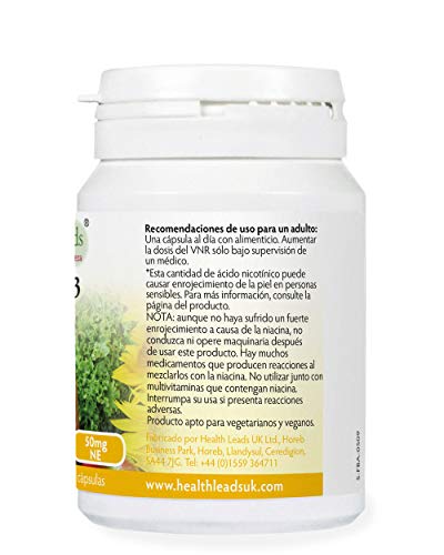 Vitamina B3 niacina/ácido nicotínico (con efecto"flush") 50mg 90 cápsulas, 3 SUMINISTRO de MESES, Sin estearato de magnesio ni aditivos desagradables, Fabricado en Gales