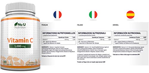 Vitamina C | 1000 mg - 180 Comprimidos (Suministro para 6 Meses) | Complemento alimenticio de Nu U Nutrition