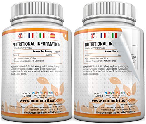 Vitamina C | 1000 mg - 180 Comprimidos (Suministro para 6 Meses) | Complemento alimenticio de Nu U Nutrition