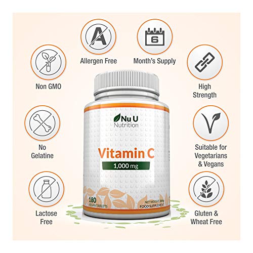 Vitamina C | 1000 mg - 180 Comprimidos (Suministro para 6 Meses) | Complemento alimenticio de Nu U Nutrition