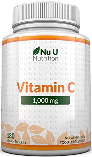 Vitamina C | 1000 mg - 180 Comprimidos (Suministro para 6 Meses) | Complemento alimenticio de Nu U Nutrition