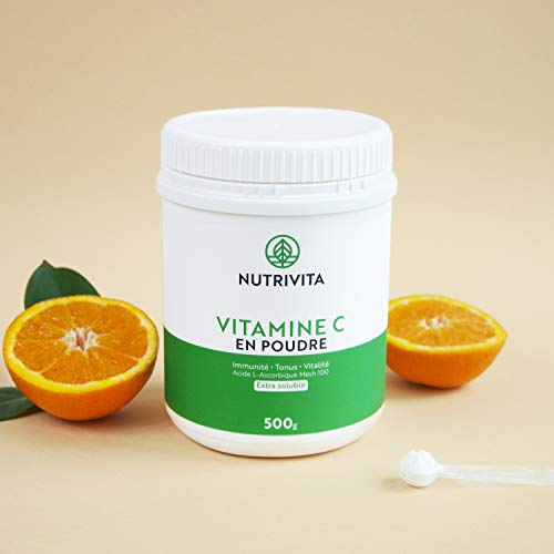 Vitamina C en Polvo 500 g | 100% Ácido L-Ascórbico | Polvo Puro Ultra Fino | Reduce la Fatiga y Mejora el Sistema Inmunológico | Envasado en Francia | Cuchara Dosificadora Incluida | Nutrivita