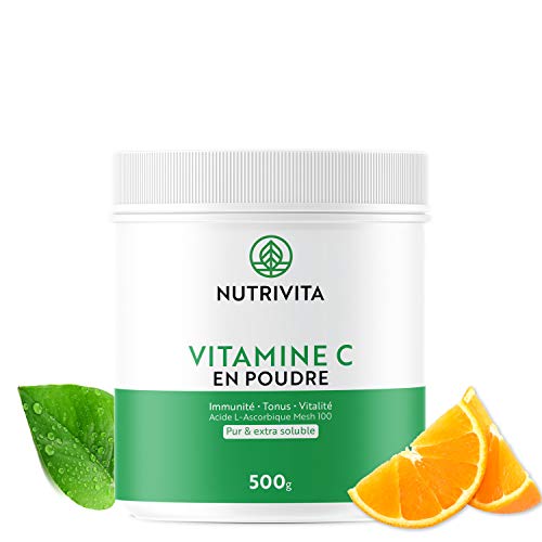 Vitamina C en Polvo 500 g | 100% Ácido L-Ascórbico | Polvo Puro Ultra Fino | Reduce la Fatiga y Mejora el Sistema Inmunológico | Envasado en Francia | Cuchara Dosificadora Incluida | Nutrivita