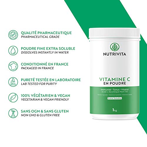 Vitamina C Pura en Polvo 1 kg | 100% Ácido L-Ascórbico | Polvo Ultra Fino | Mejora el Sistema Inmunológico | Envasado en Francia | Cuchara Dosificadora Incluida | Nutrivita