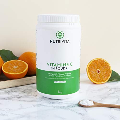 Vitamina C Pura en Polvo 1 kg | 100% Ácido L-Ascórbico | Polvo Ultra Fino | Mejora el Sistema Inmunológico | Envasado en Francia | Cuchara Dosificadora Incluida | Nutrivita
