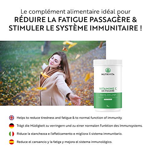 Vitamina C Pura en Polvo 1 kg | 100% Ácido L-Ascórbico | Polvo Ultra Fino | Mejora el Sistema Inmunológico | Envasado en Francia | Cuchara Dosificadora Incluida | Nutrivita
