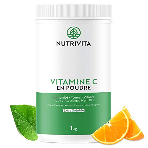 Vitamina C Pura en Polvo 1 kg | 100% Ácido L-Ascórbico | Polvo Ultra Fino | Mejora el Sistema Inmunológico | Envasado en Francia | Cuchara Dosificadora Incluida | Nutrivita
