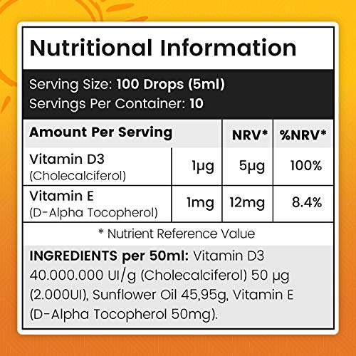 Vitamina D3 Gotas 2000 IU 50ml - Enriquecido con Vitamina E, Favorece Absorción de Calcio, Hecho en España Fortalece los Huesos, Sistema Inmunitario, Circulación y Sueño, Suplemento Vegano Líquido