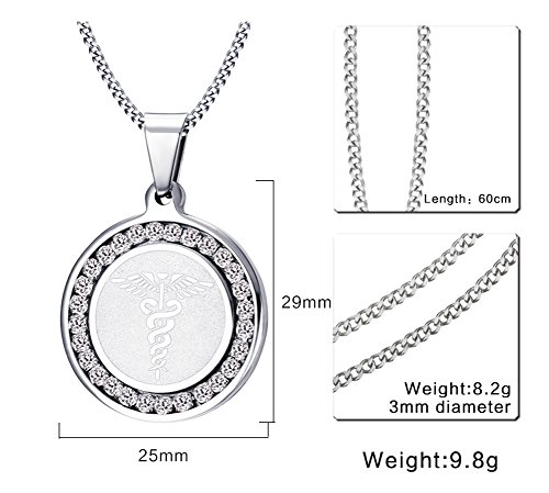 VNOX Farmacia Caduceo Médico Alerta ID Cubic Zirconia Round Pendant Necklace Plata,Grabado Gratis