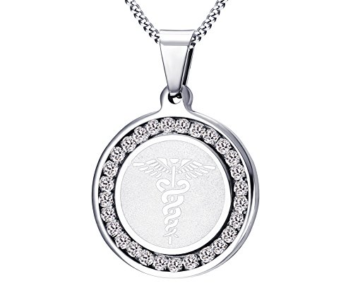 VNOX Farmacia Caduceo Médico Alerta ID Cubic Zirconia Round Pendant Necklace Plata,Grabado Gratis