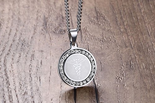 VNOX Farmacia Caduceo Médico Alerta ID Cubic Zirconia Round Pendant Necklace Plata,Grabado Gratis