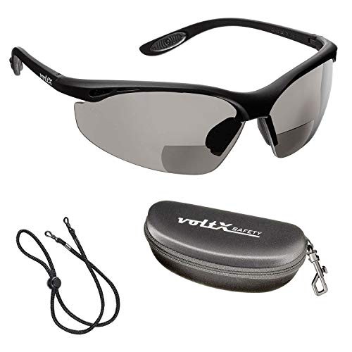 voltX 'CONSTRUCTOR' (AHUMADO/GRIS dioptría +2.5) Gafas de Seguridad de Lectura BIFOCALES que cumplen con la certificación CE EN166F / Gafas para Ciclismo incluye cuerda de seguridad + estuche de seguridad rígido con bisagras - Reading Safety Glasses