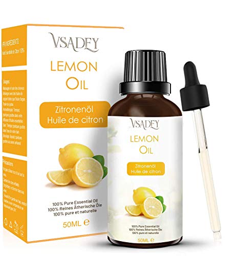 VSADEY Aceite Esencial de Limón 50ml, Aceite de Limón 100% Puro, Natural y Vegano, Aceite de Aromaterapia de Limón Mejor para la Aromaterapia de Difusor/Masaje/Cuidado de la Piel/Eliminar Olor