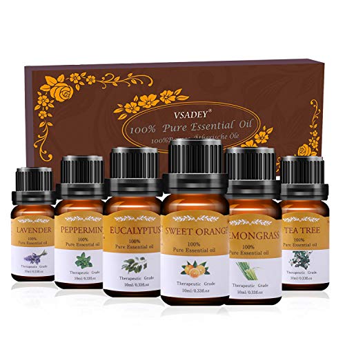 VSADEY Aceites Esenciales Aromaterapia Aceites Esenciales para Humidificador Essential Oils Set 6 x 10ml 100% Puro y Naturales (Naranja Dulce, Lavanda, Arból de Té, Menta, Limoncillo, Eucalipto)