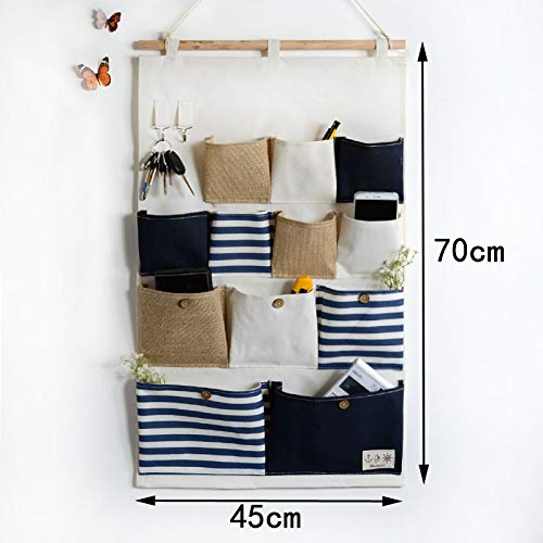 WAINIDE Dust-Proof Cloth Bag Cosmetics Hanging Wall Hanging Bag Large hangable Mobile Phone Receiving Hanging Type,Blue and Blue Linen Twelve Pockets