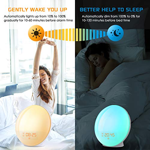 Wake Up Light Despertador Luz - 2020 LED Despertador Amanecer Simulación de Amanecer y Anochecer, 2 Alarmas, 7 Luces de Colores, 20 Niveles de Brillo, Función Snooze, 7 Sonidos Naturales, Radio FM