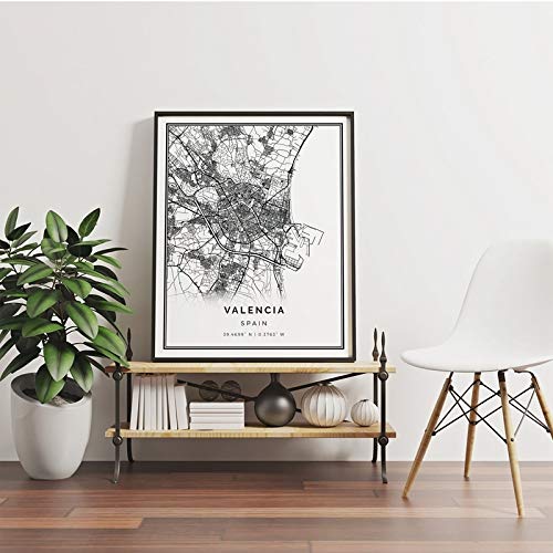WCLGDJ Mapa de Valencia, póster Impreso, Cuadro artístico de Pared, Regalo de España, Mapa de Viaje de la Ciudad, Pintura artística, cua 50x70cm Sin Marco