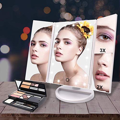 WEILY Espejo de Maquillaje Iluminado Espejo de la vanidad con la ampliación 1X / 2X / 3X, Noches Naturales del LED, Pantalla táctil, Espejo cargable (Blanco)