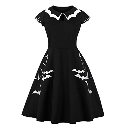 Wellwits - Vestido vintage para mujer, diseño de murciélago y araña, bordado de tela de Halloween - Negro - 40-42