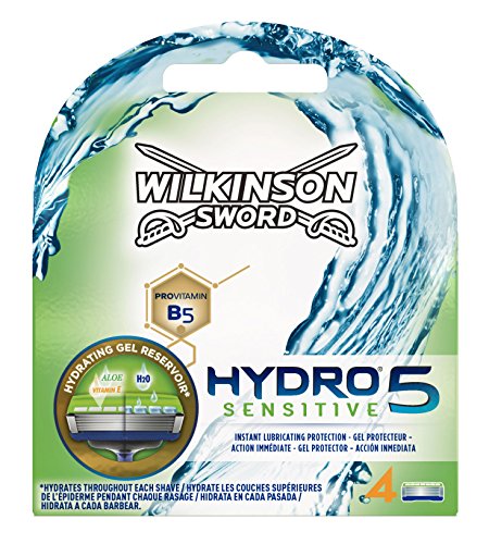 Wilkinson Sword Hydro 5 Sensitive - Recambio de Cuchillas de Afeitar de 5 Hojas para Hombres con Piel Sensible, Banda Lubricante Extra Hidratante, 4 Unidades