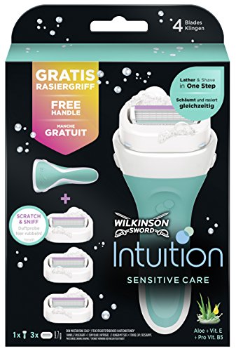 Wilkinson Sword Pack Intuition Sensitive Care - Maquinilla depilatoria y enjabonadora femenina Intuition + 3 cuchillas autoadaptables con cintas de seda hidratantes