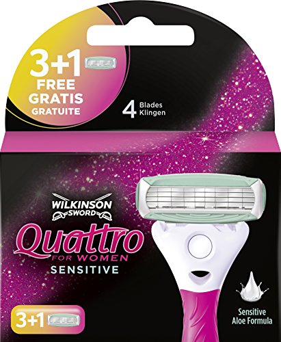 Wilkinson Sword Quattro For Women Sensitive - 3 + 1 Recambios de Cuchillas de 4 Hojas para Afeitado de Mujer, Depilación Femenina de Pieles Sensibles