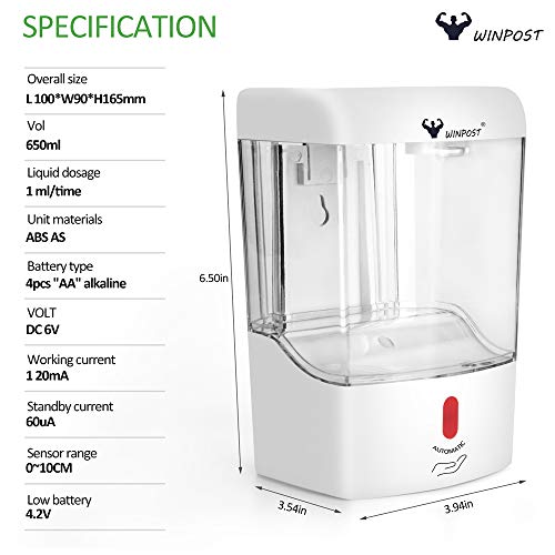 WINPOST - Dispensador automático de jabón líquido infrarrojo para manos sin contacto, para montaje en pared, bomba de loción, funciona con pilas, con tapa para cocina, encimera, baño, 650 ml