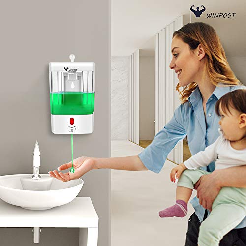 WINPOST - Dispensador automático de jabón líquido infrarrojo para manos sin contacto, para montaje en pared, bomba de loción, funciona con pilas, con tapa para cocina, encimera, baño, 650 ml