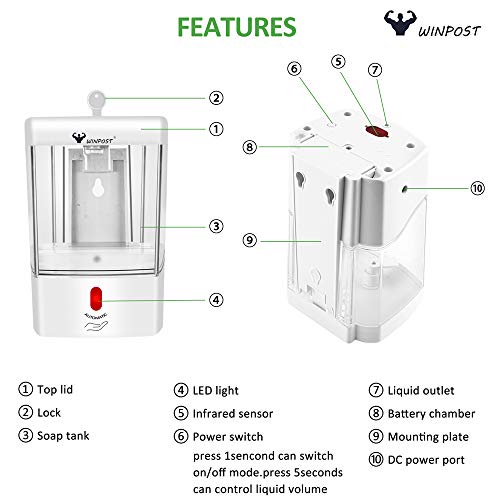 WINPOST - Dispensador automático de jabón líquido infrarrojo para manos sin contacto, para montaje en pared, bomba de loción, funciona con pilas, con tapa para cocina, encimera, baño, 650 ml