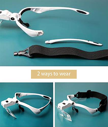 WOAIWOJIA Lupa con Luz 2 Led Lupas De Gran Aumento Leer Extensiones De Pestañas Reparación De Joyería Gafas Lupa Visera Y Cinco Lentes Intercambiable (1x,1.5X,2X,2.5X,3.5X)