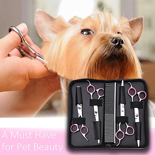 WOLFWILL Tijeras de Perro, 5 Herramientas para Cortar el Pelo a Mascotas, Kit de Peluquería Canina Perros y Gatos Corte Professional Acero Inoxidable Tijeras Curvas