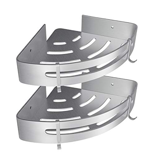 WOSTOO Estantería de Esquina para Baño,Estantería Ducha sin Perforaciones Aluminio Estanteria Baño Ducha con 2 Ganchos Accesorios de Baño y Cocina -2 piezas