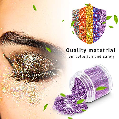 WOSTOO Purpurinas Polvo Chunky Glitter Purpurina para el Rostro, Cara y Cuerpo Maquillaje Glitter Paillette Brillante Decoración para Pelo, Uñas y Mejilla -10 Cajas