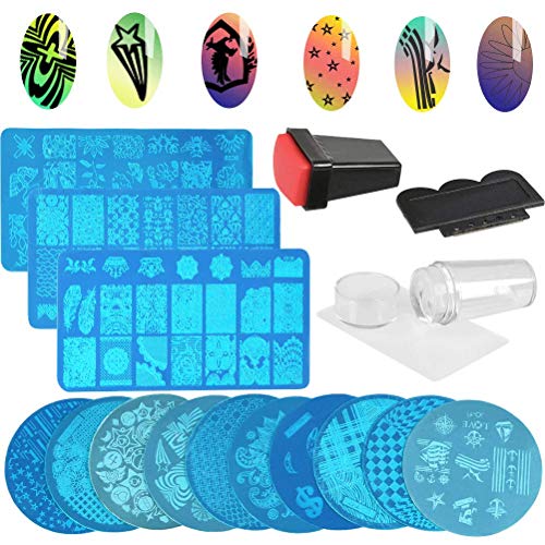 WOWOSS 16 Piezas Set de Estampación Arte de Uñas 13Pcs Placas Estampacion Uñas 2 Sello Estampador Uñas + Raspador de Manicura
