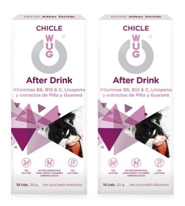 WUG After Drink Chicle - Complemento Alimenticio con Edulcolorantes, Antiresaca, Pack 2 cajas (2 x 10 uds.)