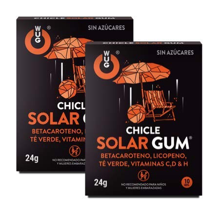 WUG CHICLE SOLAR GUM - Ideal Bronceado, Betacaroteno, Vitaminas C, D y H, Licopeno y Té Verde, Pack 2 cajas (2 x 10 uds)