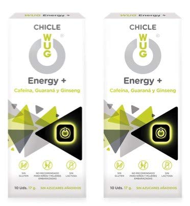 WUG Energy+ Chicle Ideal para Deportes Extremos, Cafeína, Guaraná, Ginseng, Sabor Menta, Pack 2 cajas (2 x 10 uds)
