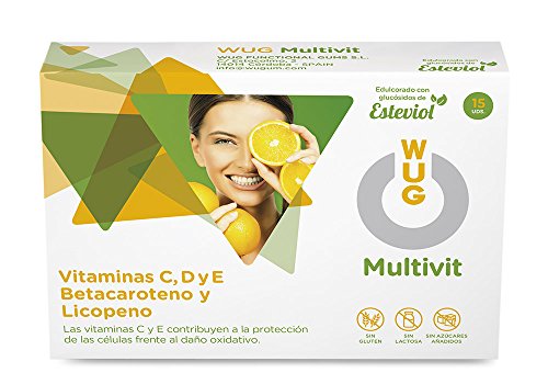 WUG Multivit Chicle | Vitaminas C, D y E, Té Verde y Granada Concentración, Sabor Menta, 15 Unidades