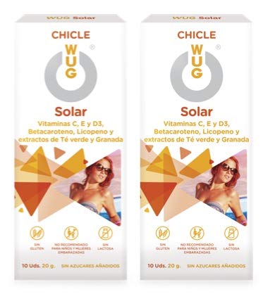 WUG SOLAR Chicle Ideal Bronceado, Vitaminas C, D y E, Sabor Menta, Pack 2 cajas (2 x 10 uds)