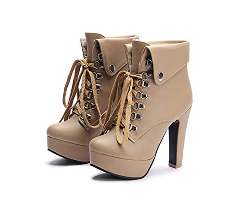 WYH Botas Plegables con Cordones para Mujer/Botas Martin De Cuero/Botas De Tacón Alto para Discoteca De Taiwán/EU 31-42,Beige,31