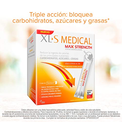 XL-S Medical Max Strength - Bloqueador de la absorción de Carbohidratos, Azúcares y Grasas, para Adelgazar, Reduce la ingesta de Calorías y Antojos - 60 Sticks, 1 Mes de Tratamiento