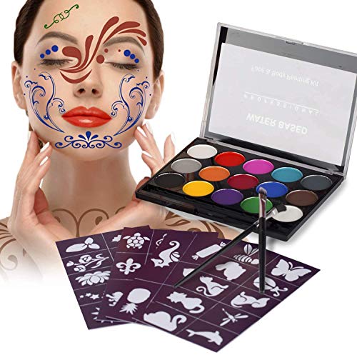 XPASSION Kit de Pintura Facial. Set de Maquillaje, Pinturas Corporales, Pintura Cara Professional Juego con 1 brocha 15 Colores para niños Fiestas Body Painting de Halloween Make Up
