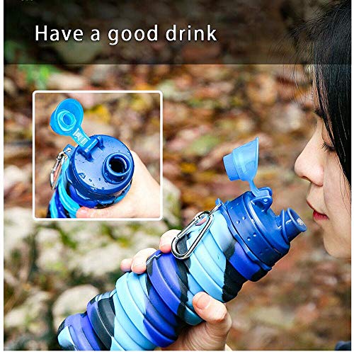 xuwei 2pc Botella de Agua Plegable, en Botellas de Agua de Silicona de fricción Arrugas Seal Copa niños con Camping al Aire Libre Paja migratorio 500 ml / 17 oz,A Blue