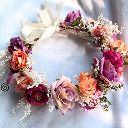 YAZILIND Boda de Flores de Novia Corona de Dama de Honor Rosa Floral Guirnalda de Playa Tocado con Accesorios de Foto de la Cinta