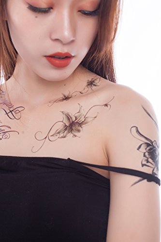 Yeeech Tatuaje Temporal Adulto Flor Lirio Negro y Blanco para Mujer Tobillo Pie Brazo Pata Mano Chaleco Sexy Pequeño Cuerpo Arte Adhesivo Maquillaje Impermeable Tribal Flor 70s 4 Hojas