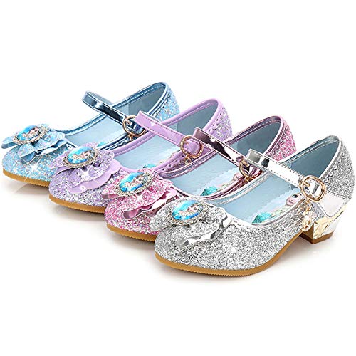 YOSICIL Disfraz Princesa Zapatos Frozen Elsa Zapatos de Lentejuelas Antideslizante Niñas Zapatos de Tacón Velcro Zapatillas de Baile para Vestir Fiesta Cumpleaños Boda Infantil 3-14 Años