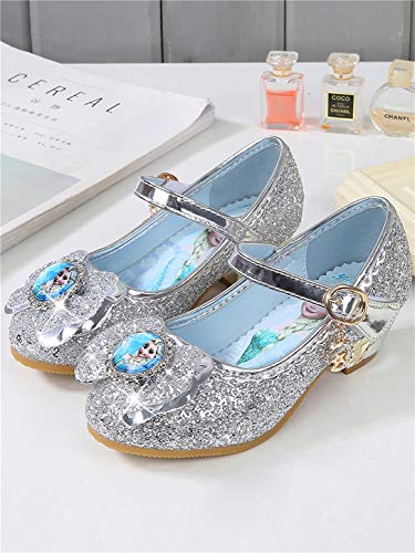 YOSICIL Disfraz Princesa Zapatos Frozen Elsa Zapatos de Lentejuelas Antideslizante Niñas Zapatos de Tacón Velcro Zapatillas de Baile para Vestir Fiesta Cumpleaños Boda Infantil 3-14 Años