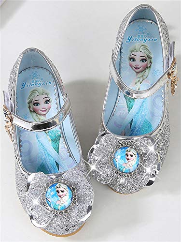 YOSICIL Disfraz Princesa Zapatos Frozen Elsa Zapatos de Lentejuelas Antideslizante Niñas Zapatos de Tacón Velcro Zapatillas de Baile para Vestir Fiesta Cumpleaños Boda Infantil 3-14 Años