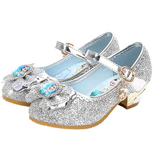 YOSICIL Disfraz Princesa Zapatos Frozen Elsa Zapatos de Lentejuelas Antideslizante Niñas Zapatos de Tacón Velcro Zapatillas de Baile para Vestir Fiesta Cumpleaños Boda Infantil 3-14 Años