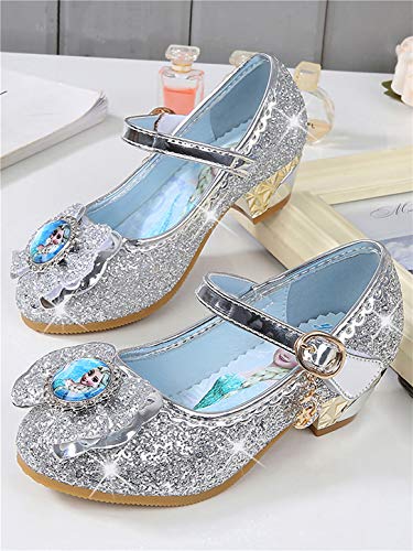 YOSICIL Disfraz Princesa Zapatos Frozen Elsa Zapatos de Lentejuelas Antideslizante Niñas Zapatos de Tacón Velcro Zapatillas de Baile para Vestir Fiesta Cumpleaños Boda Infantil 3-14 Años